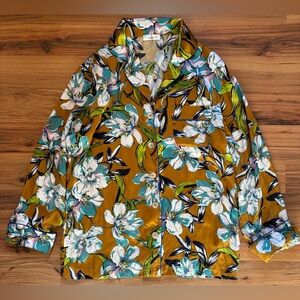 Luna di Seta 100% Silk Pajama Top Floral Button Front Italian Sleepwear Medium
